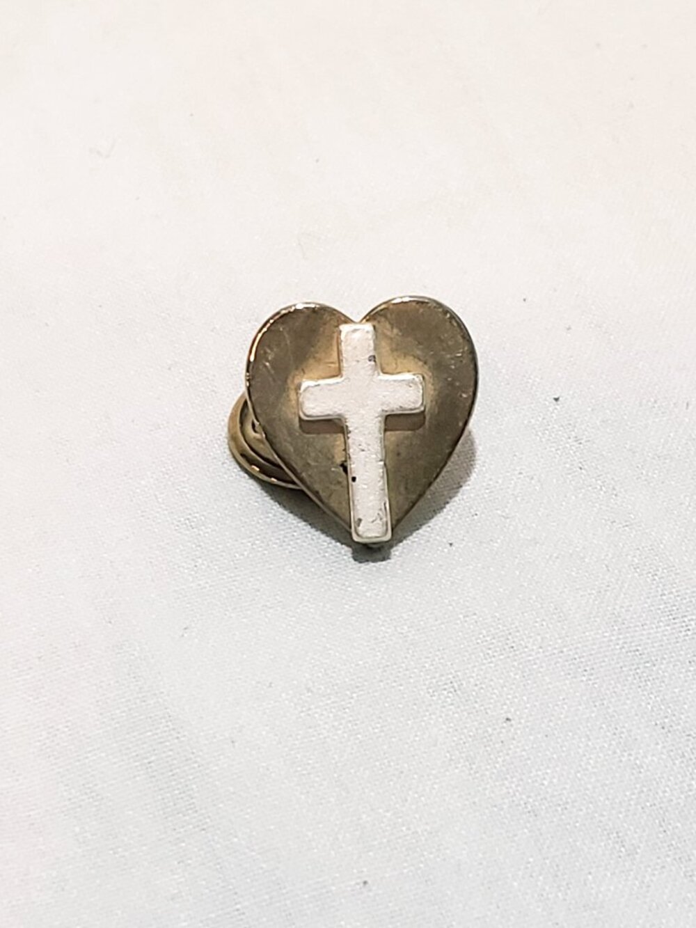 Cross Heart Gold and Silver Tone Vintage Lapel Pin 1/2" Religious Christian